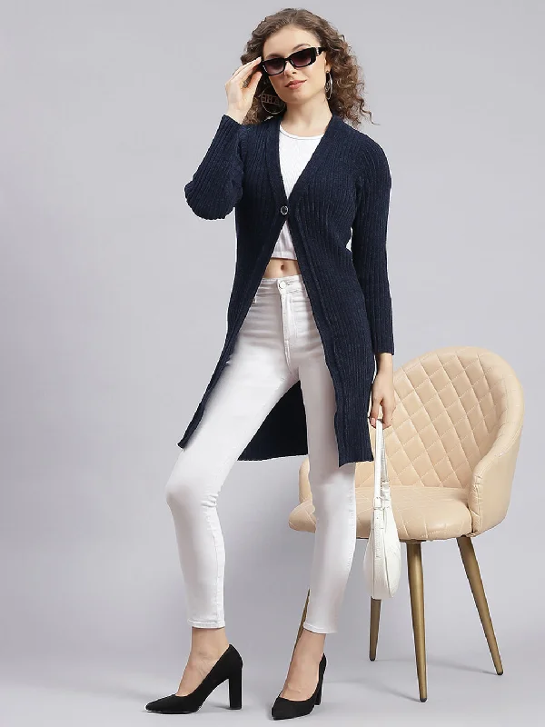 Women Navy Blue Self Design Wool blend Cardigan