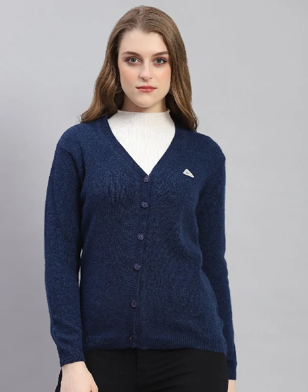 Women Navy Blue Solid V Neck Full Sleeve Cardigan