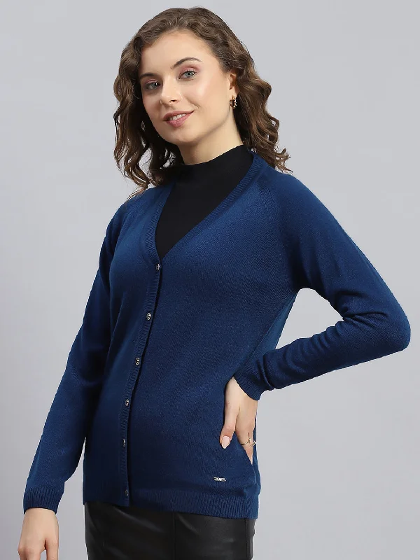 Women Navy Blue Solid V Neck Full Sleeve Cardigans