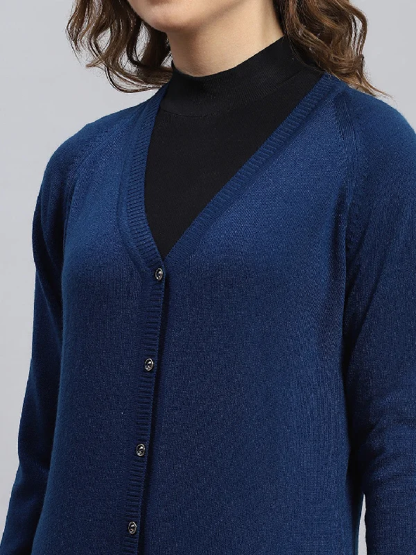 Women Navy Blue Solid V Neck Full Sleeve Cardigans