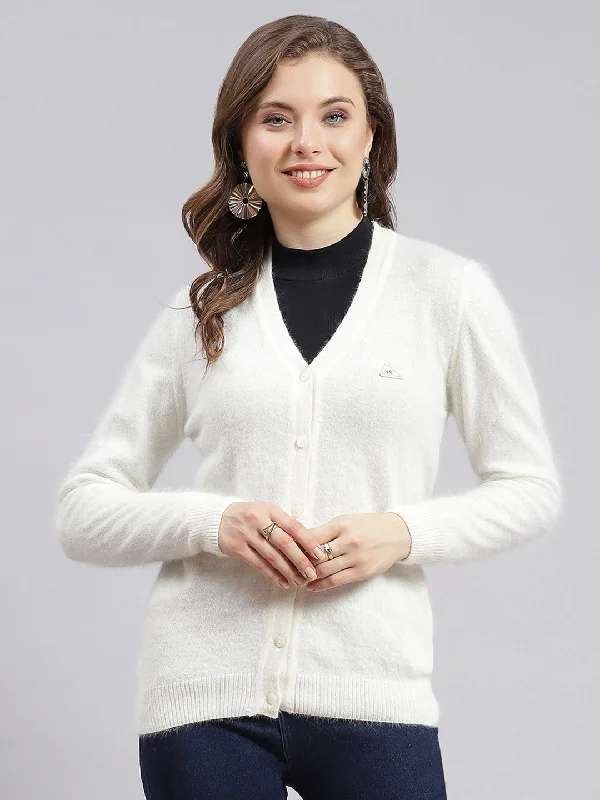 Women Off White Solid Angoora Cardigan