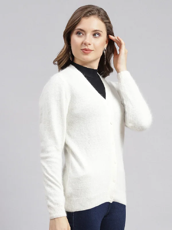 Women Off White Solid Angoora Cardigan