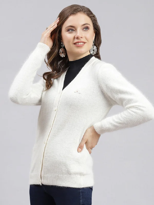 Women Off White Solid Angoora Cardigan