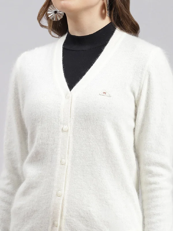 Women Off White Solid Angoora Cardigan