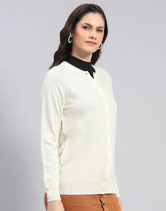 Women Off White Solid Round Neck Full Sleeve Cardigan