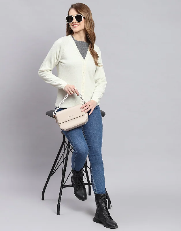 Women Off White Solid V Neck Full Sleeve Cardigans