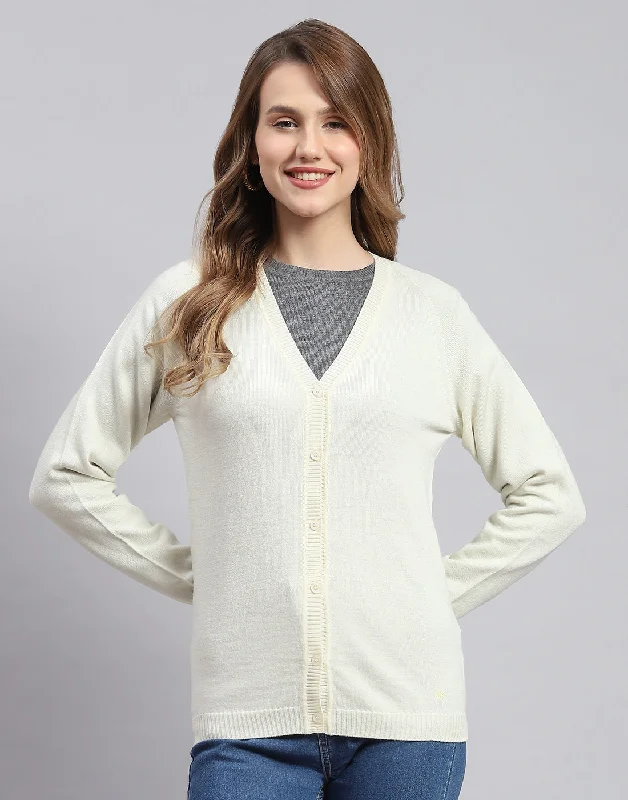 Women Off White Solid V Neck Full Sleeve Cardigans