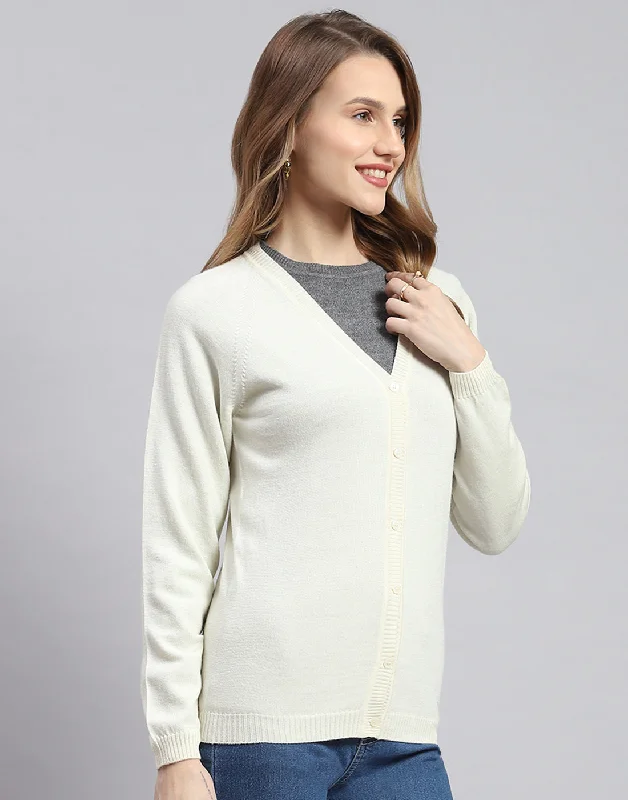 Women Off White Solid V Neck Full Sleeve Cardigans