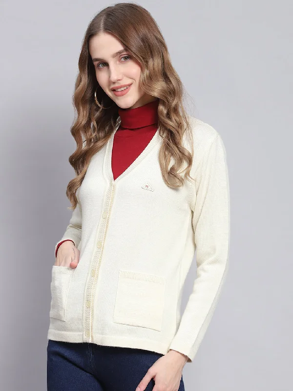 Women Off White Solid V Neck Full Sleeve Cardigans