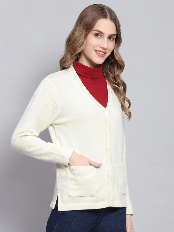 Women Off White Solid V Neck Full Sleeve Cardigans