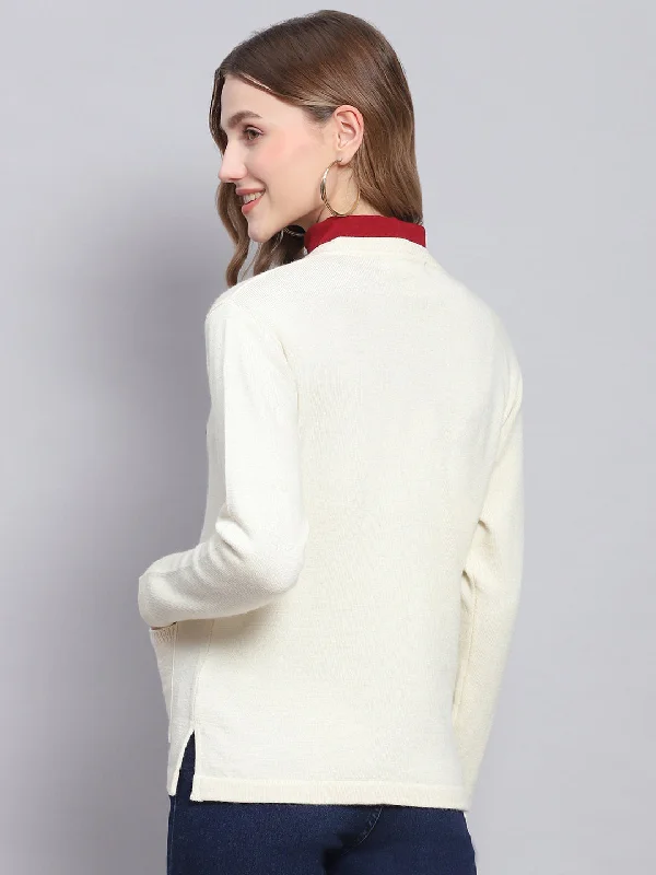 Women Off White Solid V Neck Full Sleeve Cardigans