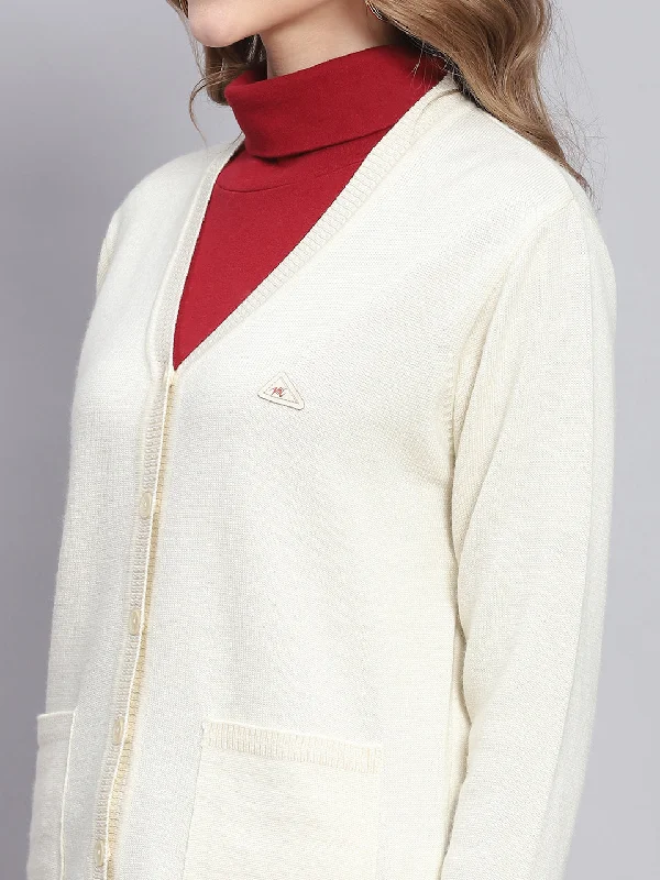 Women Off White Solid V Neck Full Sleeve Cardigans