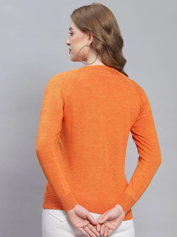 Women Orange Solid Round Neck Full Sleeve Cardigans