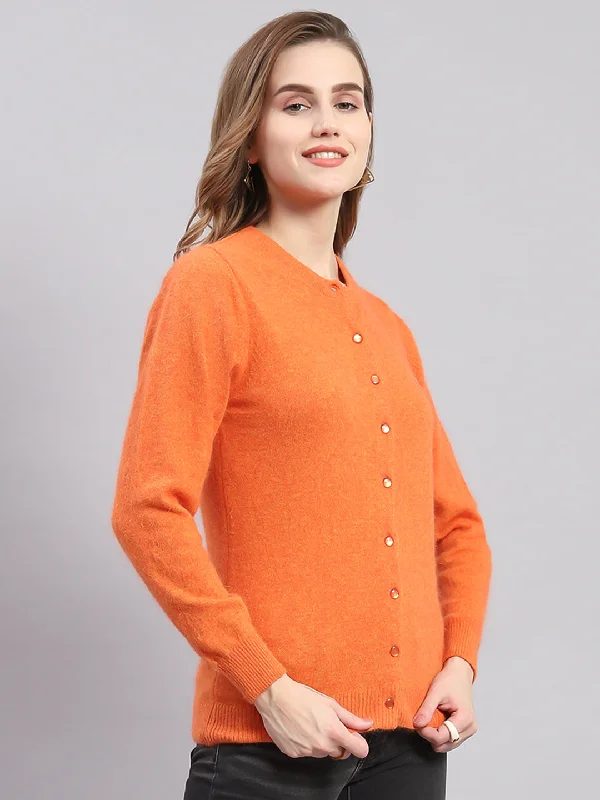 Women Orange Solid Round Neck Full Sleeve Cardigans