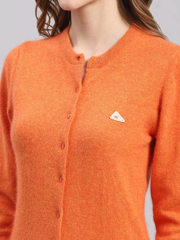 Women Orange Solid Round Neck Full Sleeve Cardigans