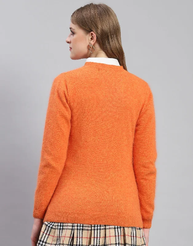 Women Orange Solid V Neck Full Sleeve Cardigan