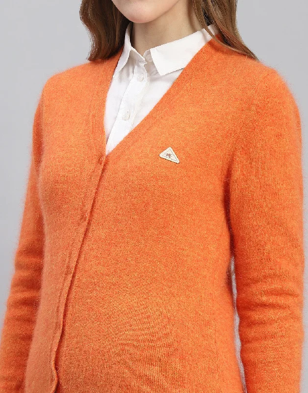 Women Orange Solid V Neck Full Sleeve Cardigan