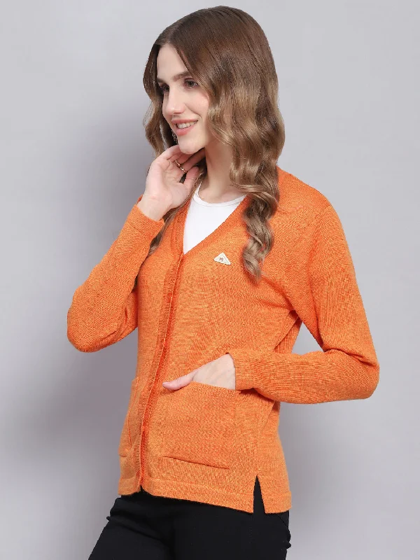 Women Orange Solid V Neck Full Sleeve Cardigans