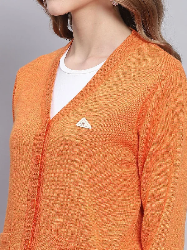 Women Orange Solid V Neck Full Sleeve Cardigans