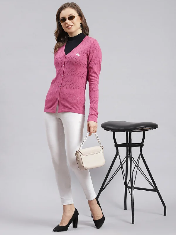 Women Pink Jaquard Wool blend Cardigan