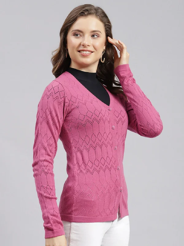 Women Pink Jaquard Wool blend Cardigan