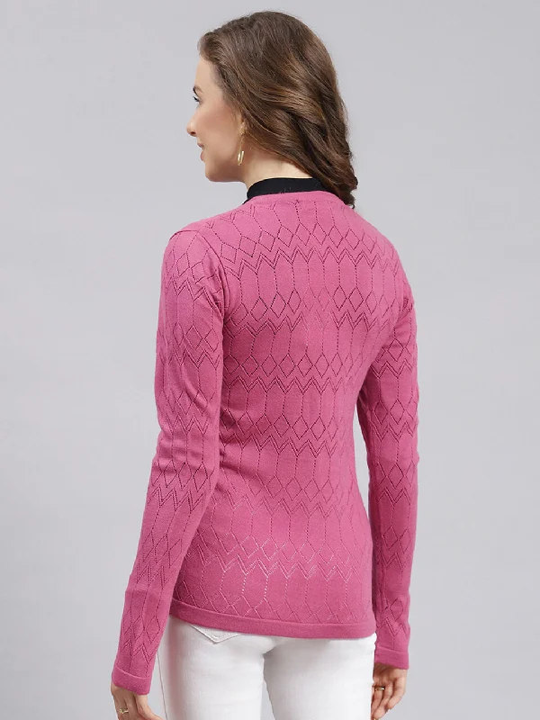 Women Pink Jaquard Wool blend Cardigan