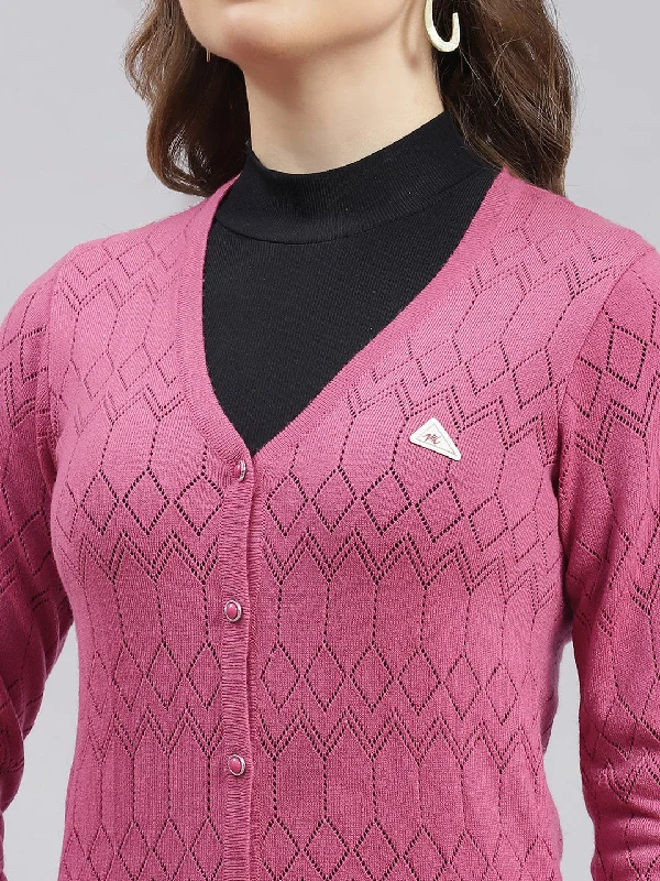 Women Pink Jaquard Wool blend Cardigan