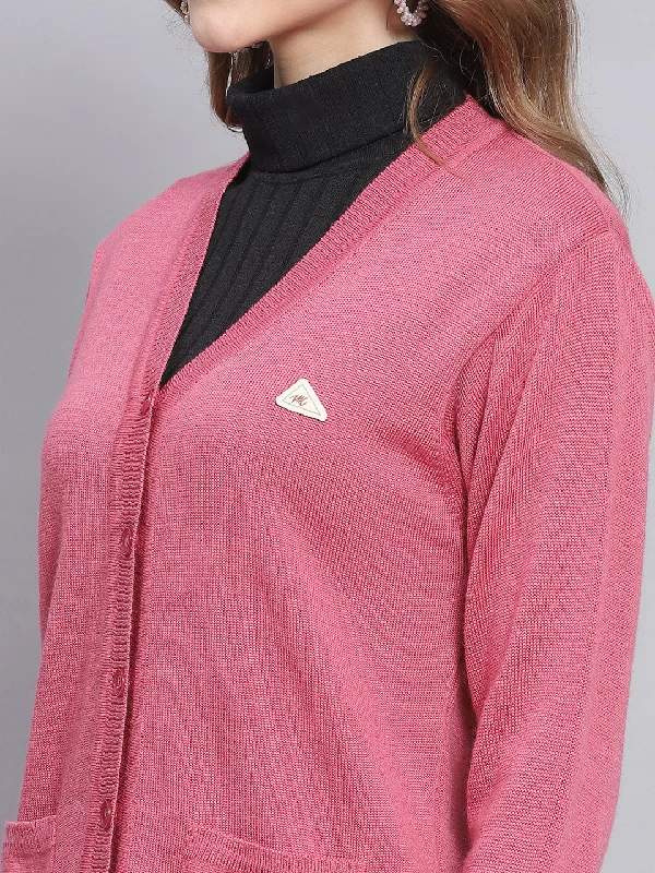 Women Pink Solid V Neck Full Sleeve Cardigans