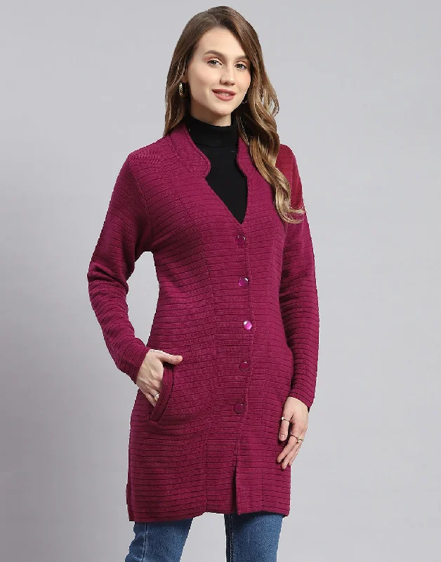 Women Purple Self Design Round Neck Full Sleeve Cardigans