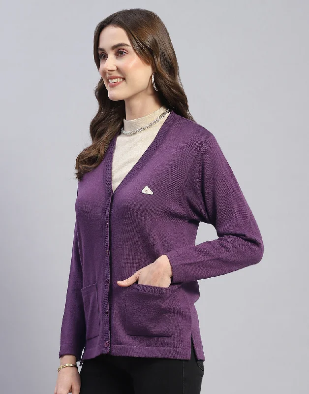 Women Purple Solid V Neck Full Sleeve Cardigan