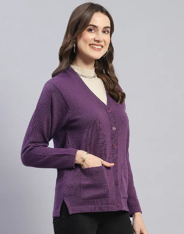 Women Purple Solid V Neck Full Sleeve Cardigan