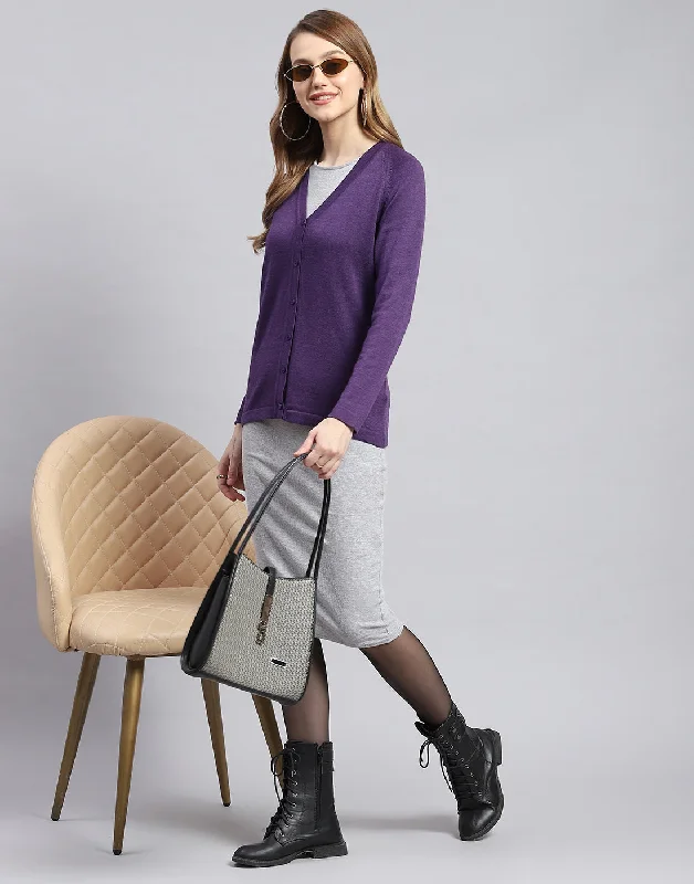 Women Purple Solid V Neck Full Sleeve Cardigans