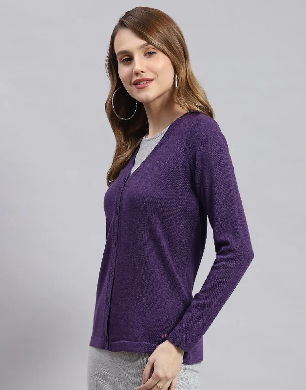 Women Purple Solid V Neck Full Sleeve Cardigans