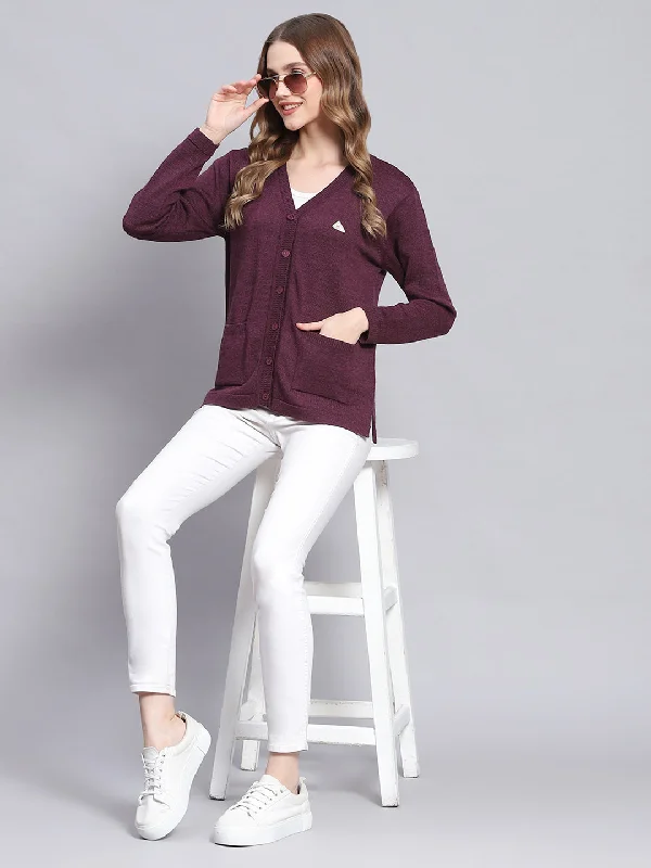 Women Purple Solid V Neck Full Sleeve Cardigans