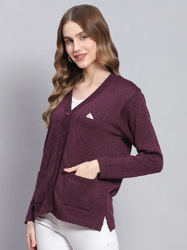 Women Purple Solid V Neck Full Sleeve Cardigans