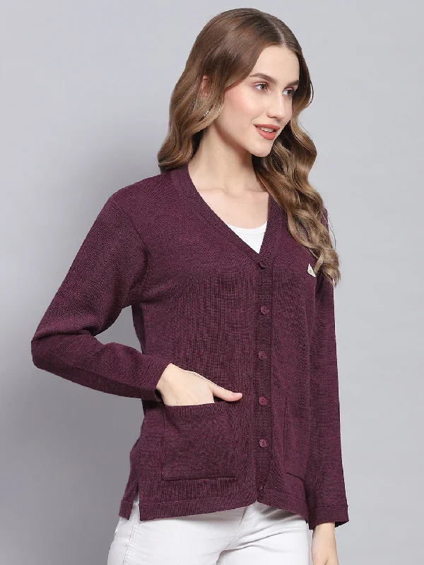 Women Purple Solid V Neck Full Sleeve Cardigans