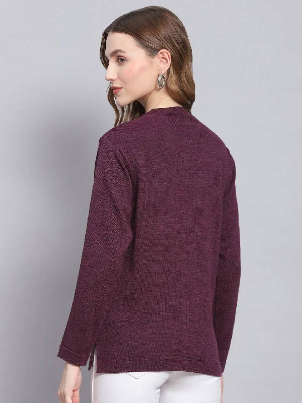 Women Purple Solid V Neck Full Sleeve Cardigans