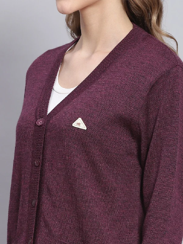 Women Purple Solid V Neck Full Sleeve Cardigans