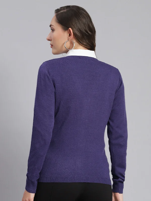 Women Purple Solid V Neck Full Sleeve Cardigans