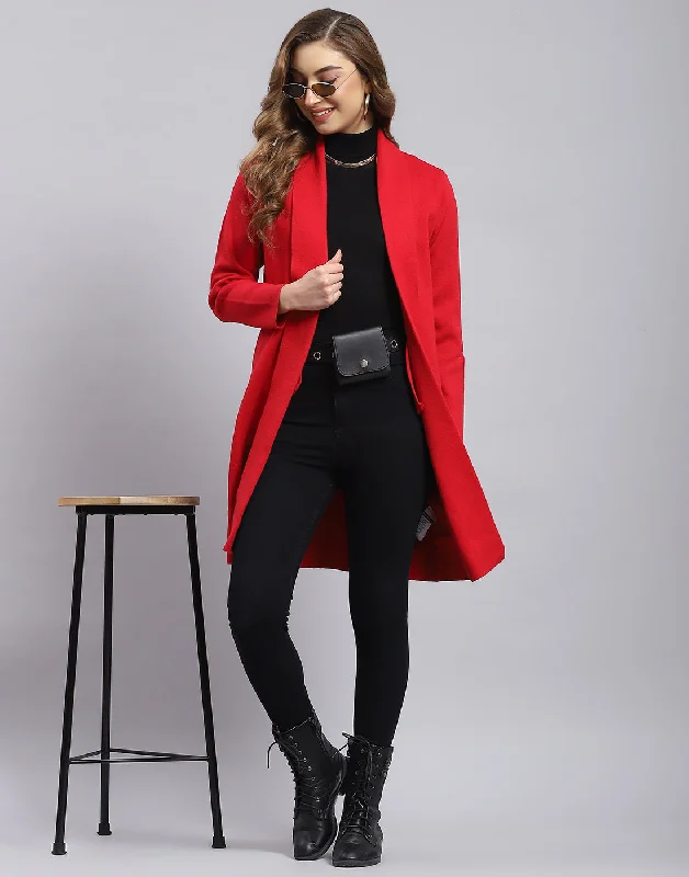 Women Red Self Design V Neck Full Sleeve Cardigan