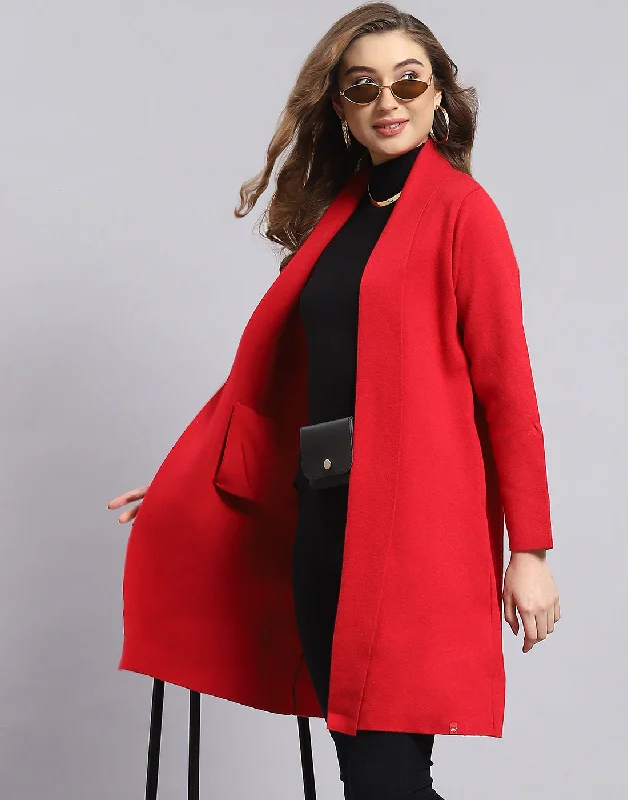 Women Red Self Design V Neck Full Sleeve Cardigan