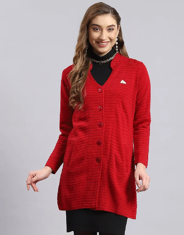 Women Red Self Design V Neck Full Sleeve Cardigan