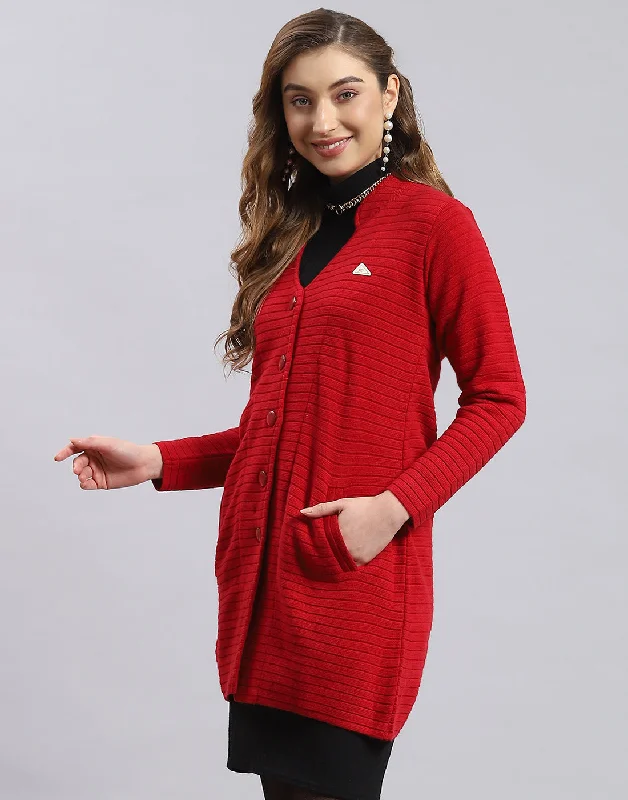 Women Red Self Design V Neck Full Sleeve Cardigan