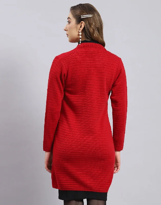 Women Red Self Design V Neck Full Sleeve Cardigan