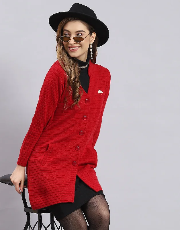 Women Red Self Design V Neck Full Sleeve Cardigan