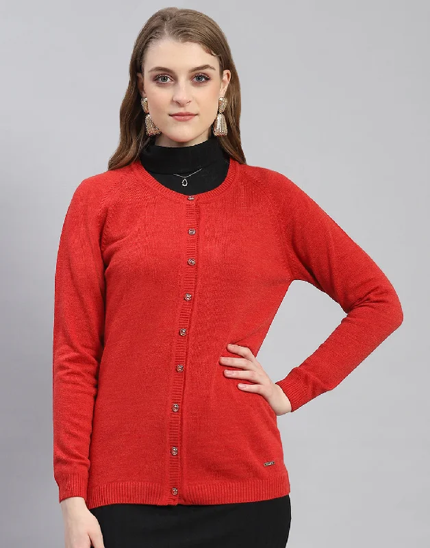 Women Red Solid Round Neck Full Sleeve Cardigan