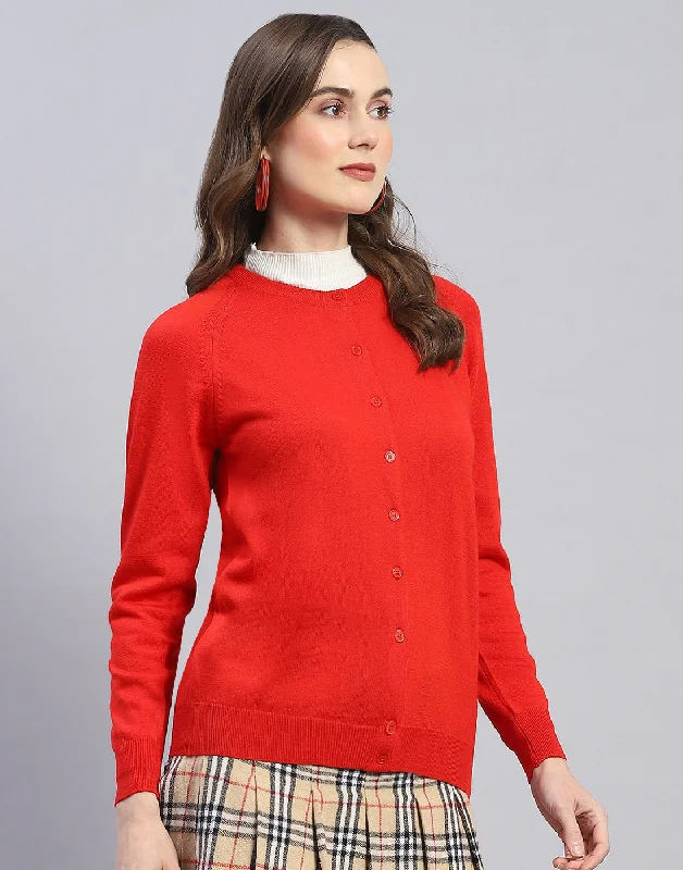 Women Red Solid Round Neck Full Sleeve Cardigan