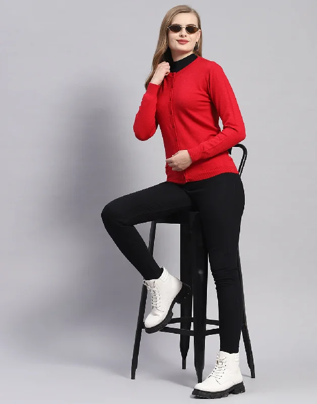 Women Red Solid Round Neck Full Sleeve Cardigan