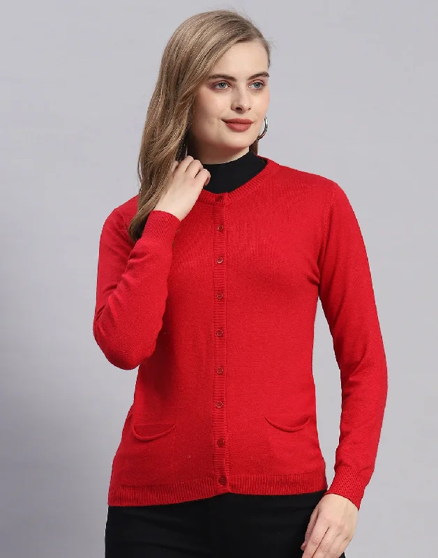 Women Red Solid Round Neck Full Sleeve Cardigan