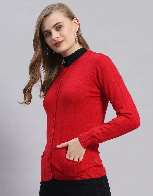 Women Red Solid Round Neck Full Sleeve Cardigan